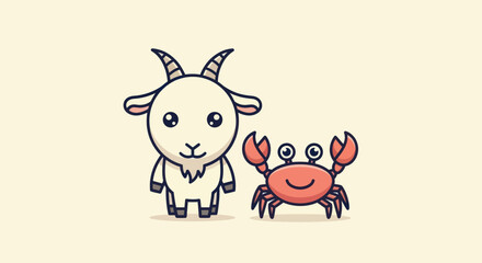 Obraz premium Cartoon style illustration of a goat and crab with simple lines on a cream background