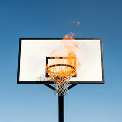 A dramatic image burning basketball hoop against clear sky — perfect for sports promotions, dynamic posters, motivation ads, and high-energy social media content