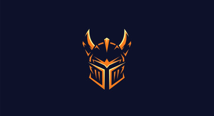 A stylized orange helmet design on a dark blue background