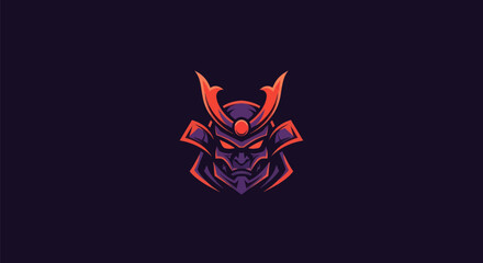 Samurai helmet illustration with glowing eyes, in purple and orange on dark background