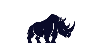 Dark blue silhouette of a rhinoceros on white background, facing left © gudangPIXEL