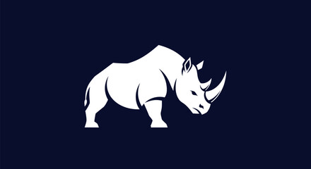 Silhouette of a white rhinoceros on a navy blue background. Simple and bold, graphic design