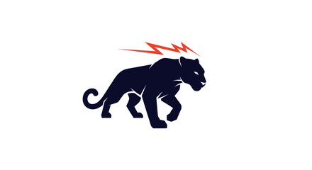 Obraz premium Stylized panther silhouette, walking, with red lightning above. White background