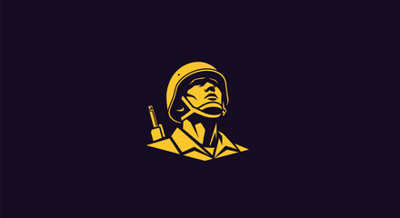 Silhouette of a soldier in helmet, looking up, with a rifle.  Gold on dark background