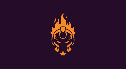 An orange robotic head with flames atop against a deep purple background