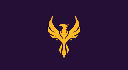 A golden phoenix silhouette on a purple background, wings outstretched, centered