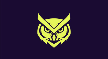 Stylized owl head graphic in vibrant lime green against a deep purple background