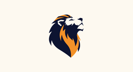 A stylized lion's head rendered in navy blue and orange, roaring upwards, on a cream background
