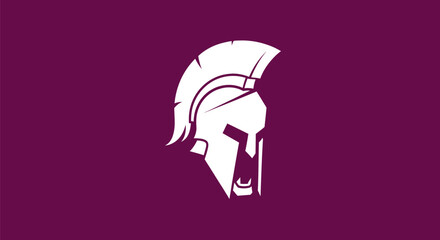 A white spartan helmet on a purple background, a warrior's face is visible
