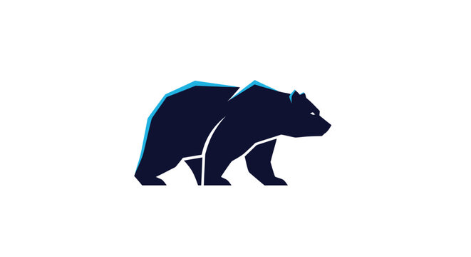 Geometric bear silhouette in dark blue with teal outline, walking right. White background - Powered by Adobe