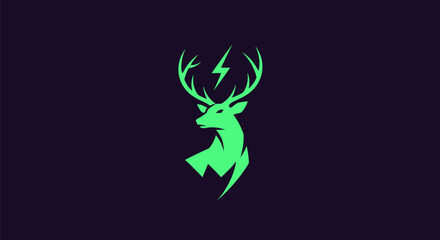 A stylized deer head with a lightning bolt between the antlers against a dark background