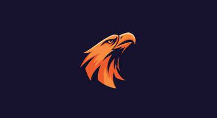 A stylized orange eagle head against a dark blue background, looking upwards