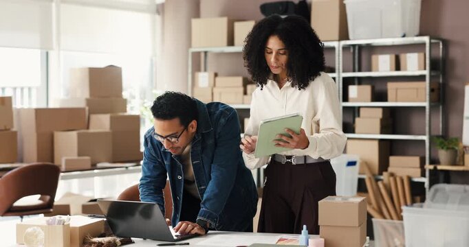 Man, woman and tablet with logistics, dropshipping and laptop for planning, stock or review at startup. People, team and tech with computer, app or inventory management with storage for ecommerce