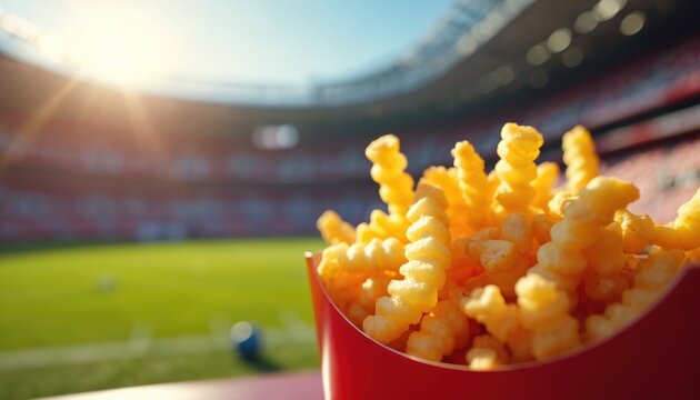 Crinkle cut french fries in a red box sit in front of a blurred sports stadium during a daytime game. This is typical fast food served at sporting events.