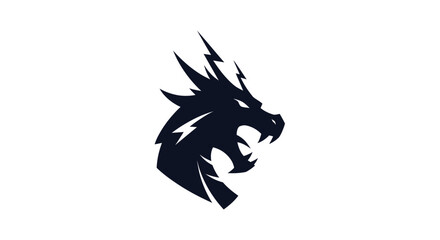 Silhouette of a dragon head, dark navy on white, sharp teeth and jagged horns, angled
