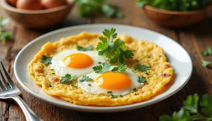 Two sunny side up fried eggs with bright yolks sit on golden omelet base. Fresh green herbs garnish healthy delicious homemade breakfast meal. Appetizing protein rich food prepared at home. Ready on