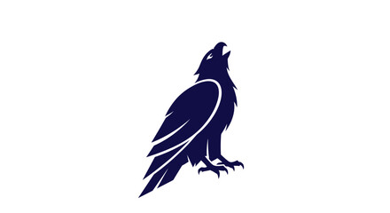 Dark blue silhouetted eagle in an upright pose, head tilted up, and beak open on a white background