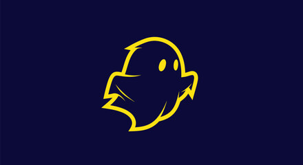 A yellow stylized ghost with two eyes and angled features, set on a dark blue background