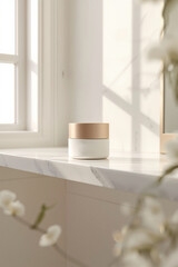 Obraz premium Elegant two-tone container on a marble surface bathed in soft, filtered sunlight, flowers nearby.