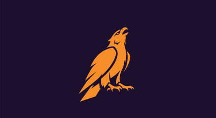 Orange falcon silhouette with open beak, facing up, on a dark purple background