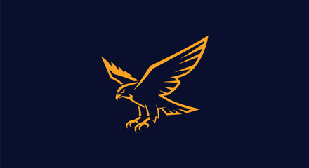 A stylized golden hawk in flight against a dark blue background. Focused eyes. Wings spread