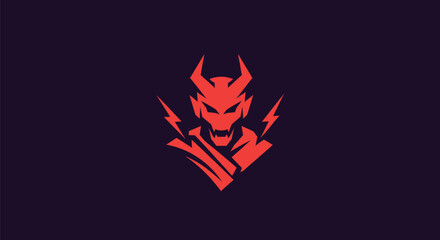 A stylized, red demon head with horns and lightning on a dark background
