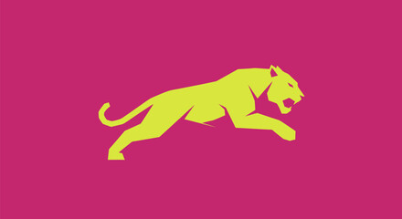 A geometric feline pounces in lime on a magenta background