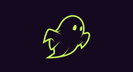 Glowing green ghost outline floats on a dark purple background. Simple, minimalist design