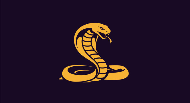 Gold cobra illustration against a dark background, stylized with a raised hood and open mouth