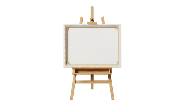 Wooden Artist Easel with Blank Canvas: Studio painting setup isolated on a transparent PNG background
