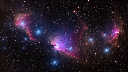 Stunning emission nebula and reflection clouds glowing in deep outer space surrounded by a dense field of brilliant blue stars in this cosmic landscape. - Powered by Adobe