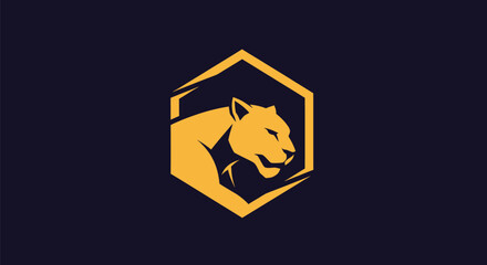 A stylized golden feline in a hexagon frame against a dark blue background