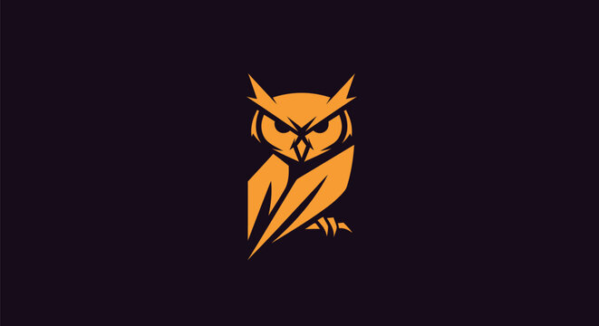 A stylized owl silhouette in orange against a dark purple background. Geometric lines define