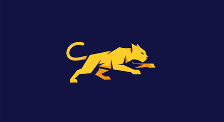 A stylized golden feline in motion against a dark blue background