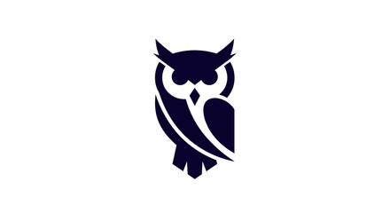 A stylized dark blue owl silhouette centered on a white background. It's a minimalist design