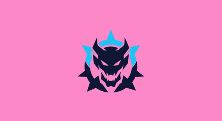Dark, demonic creature emblem. Face inside star with aqua accents on a pink background