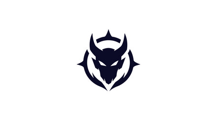 Dark blue emblem with a horned, fanged creature within a circle, on white background