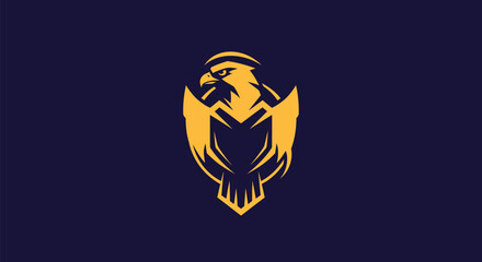 A golden falcon emblem on a navy background. The bird is stylized, with a fierce stare