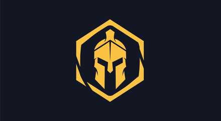 A gold Spartan helmet emblem within a hexagon on a dark blue background