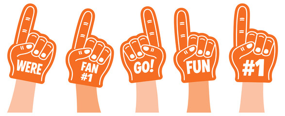 Foam fingers with hands, number one gesture, sports fan cheering accessory, vector illustration, team support concept, isolated on white background, digital graphic for apps, websites, event promotion