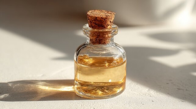 A small glass bottle filled with golden oil rests on a white surface reflecting sunlight.
