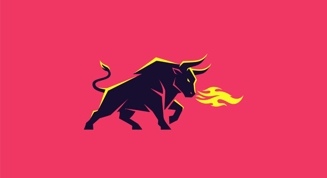 Stylized, dark bull breathing flames on a pink background. Bold lines and geometric shapes