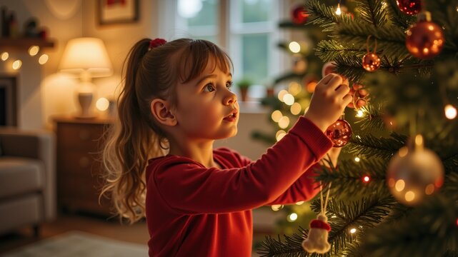 Little girl is decorating Christmas Tree in retro filter effect