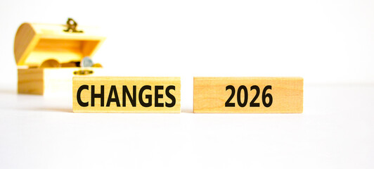 Changes 2026 symbol. Concept words Changes 2026 on beautiful wooden blocks. Beautiful white paper background. Beautiful wooden chest with coins. Business and changes 2026 concept. Copy space.