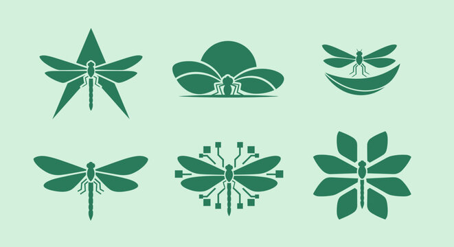 Six stylized dragonfly logos with varying designs in green on a pale green background