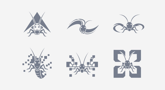 Six gray insect logo designs on a white background, in various abstract and geometric styles