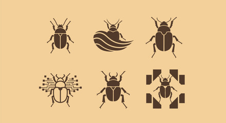 Six beetle silhouette illustrations in brown on a beige background, with varied designs
