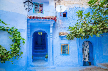 Beautiful street of blue medina in city Chefchaouen,  Morocco, Africa.