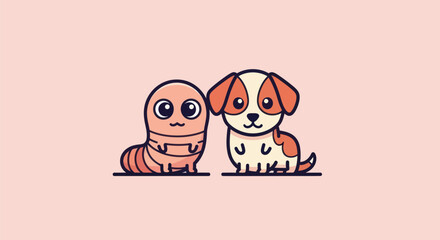 A cartoon worm and puppy stand side by side on a pink background, friendly and cute