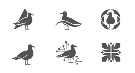 Six dark gray minimalist designs, mostly featuring seagulls, set against a white background